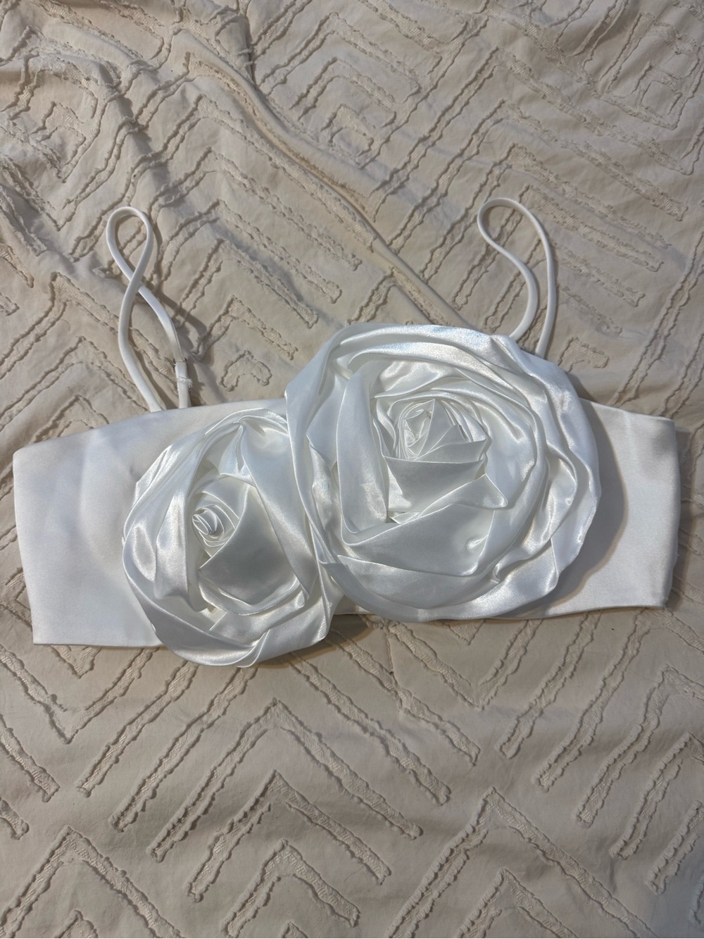 White Satin Rose Appliqué Bralette - Size Small